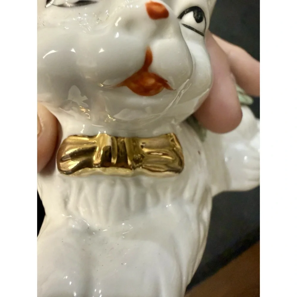 Vintage Cat & Dog Ceramic Figurines Pair Applied Roses Mid Century Japan